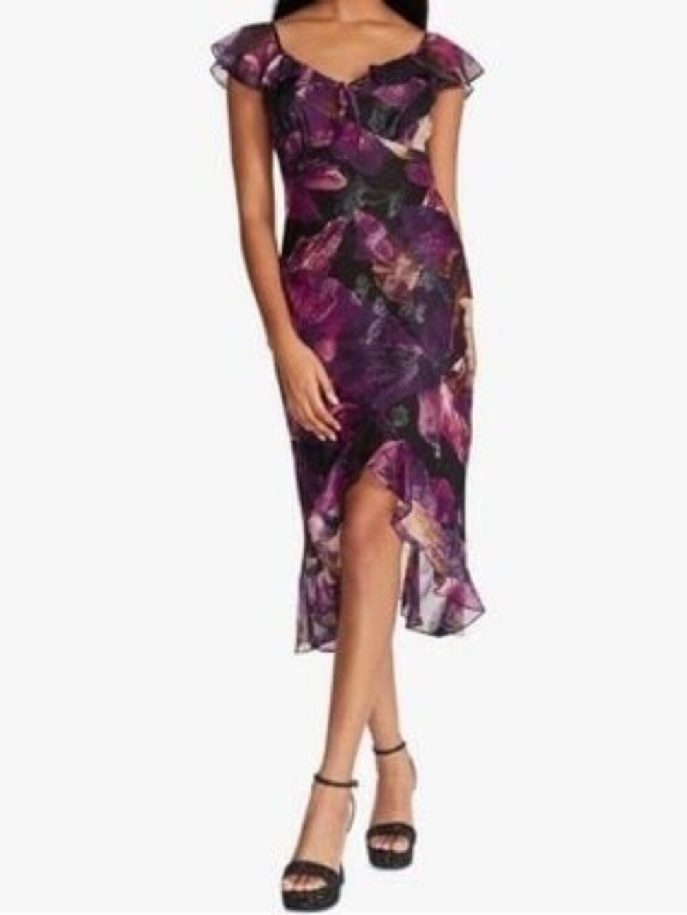 Betsey Johnson Women's Purple and Black Floral Print Ruffle Midi Dress Size XL